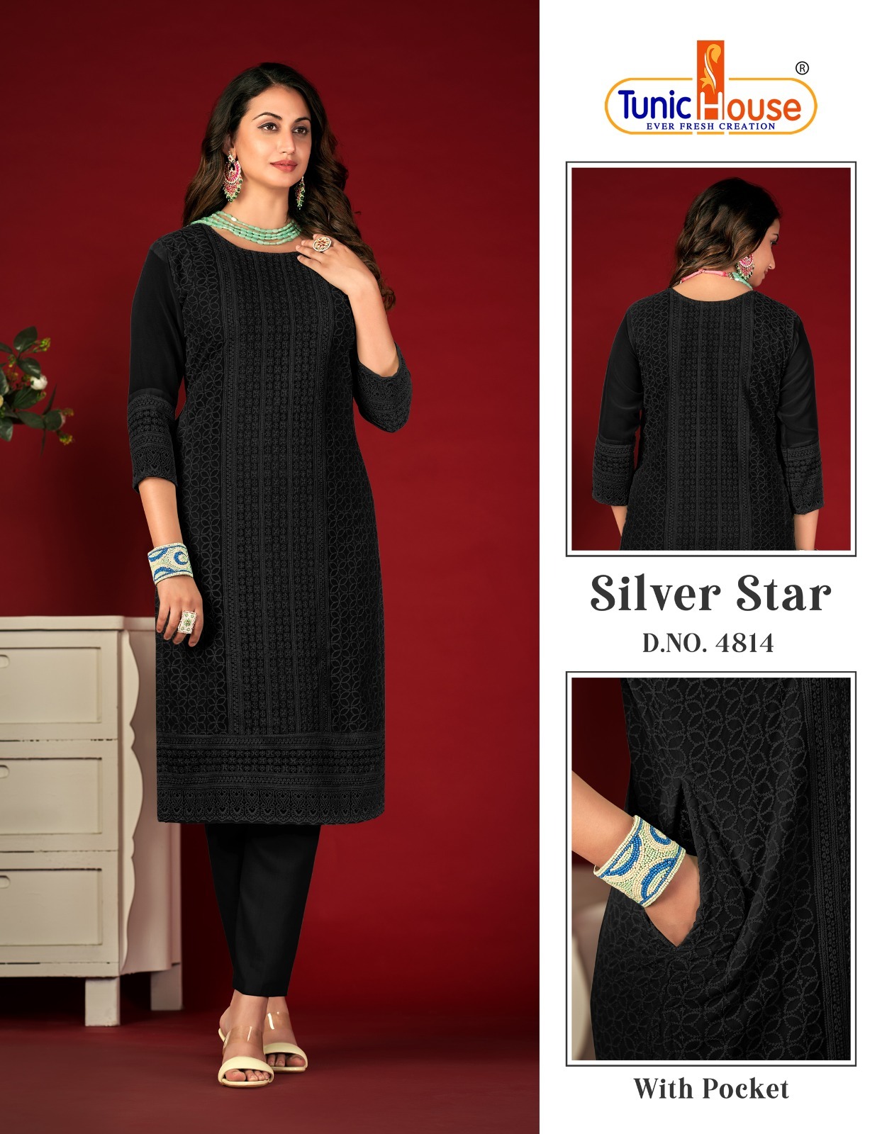 tunic house silver star georgette regal look kurti size set