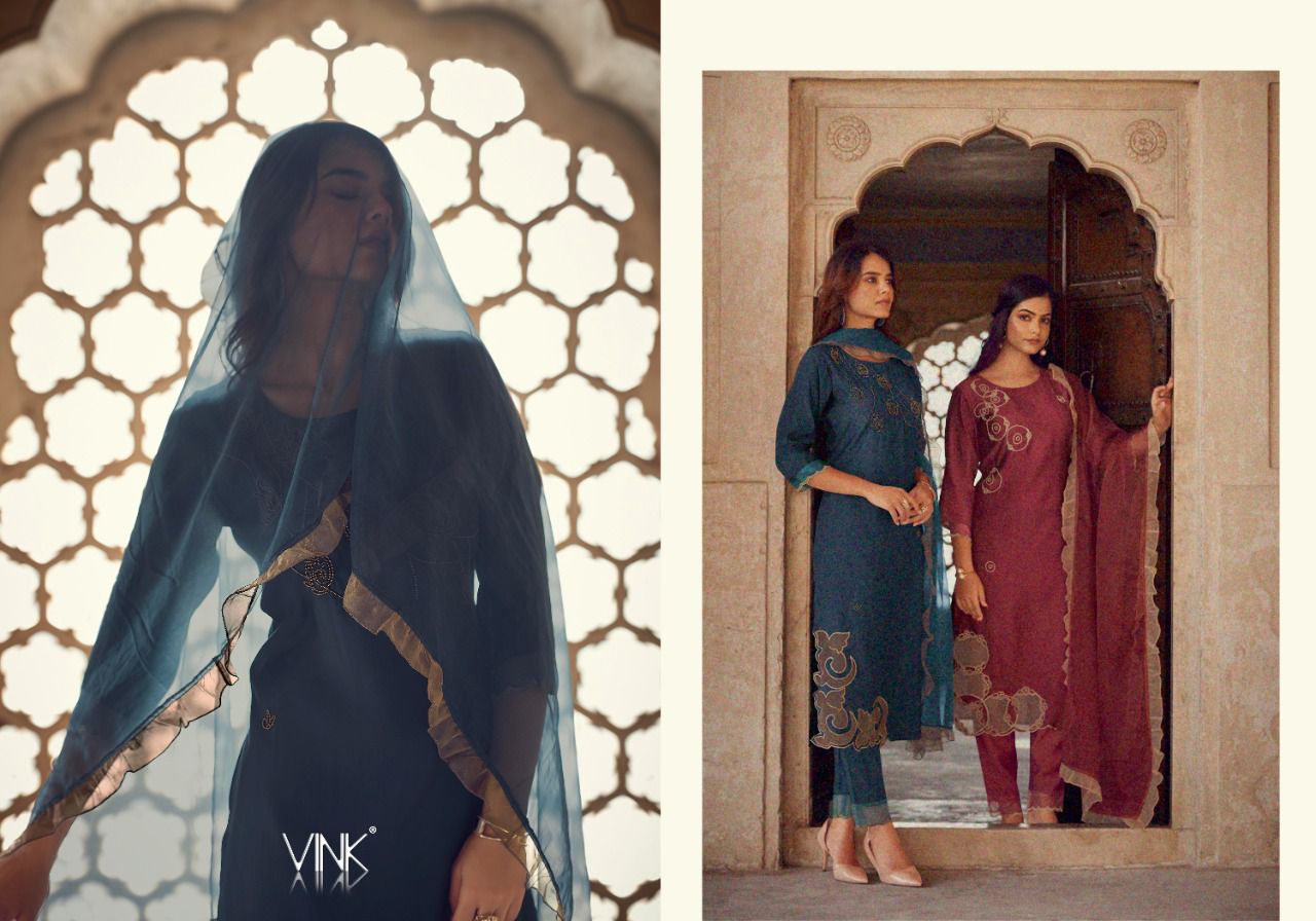 vink applique viscose regal look kurti pant with dupatta catalog