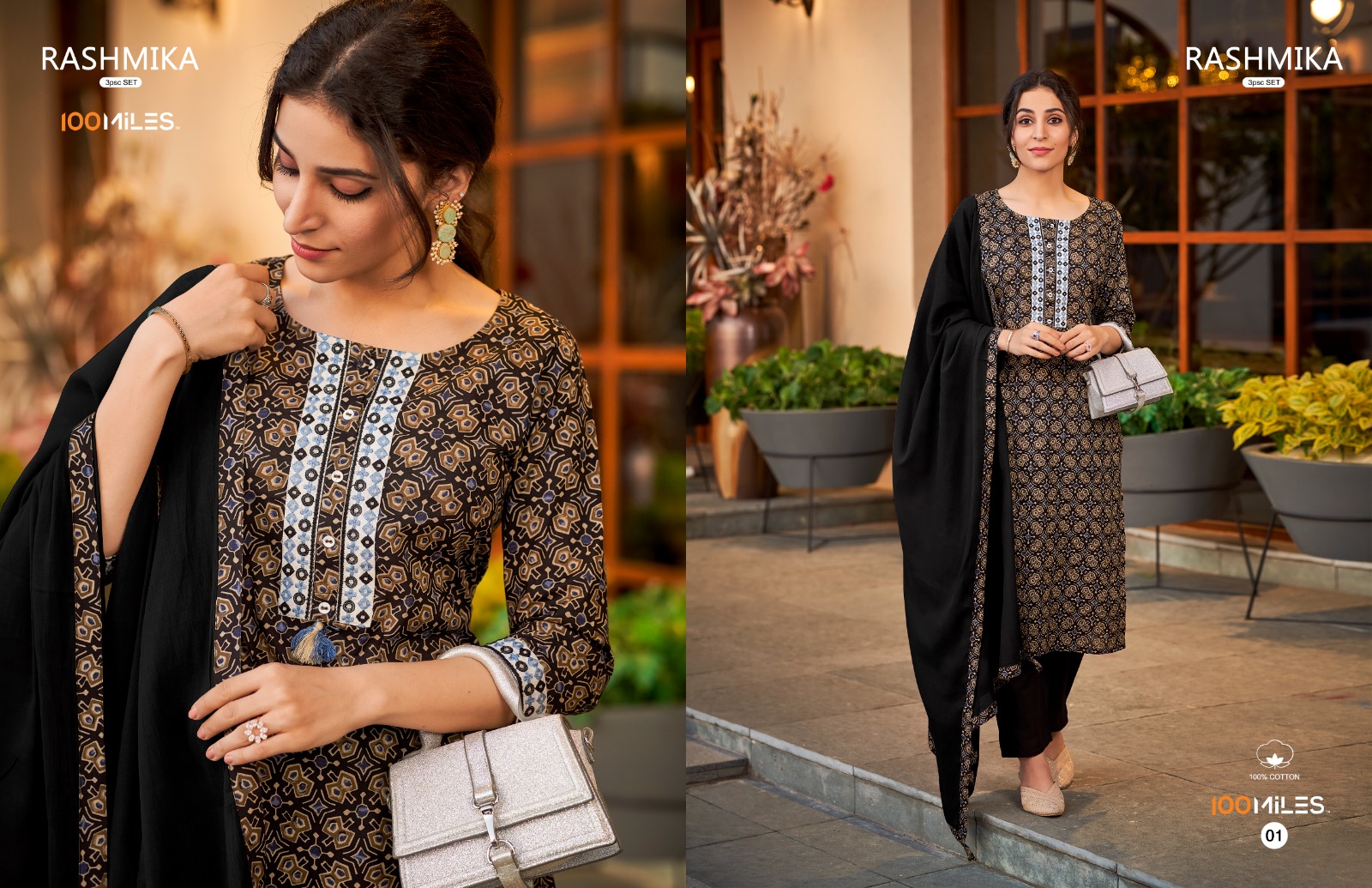 100 miles rashmika cotton exclusive print top pant with dupatta catalog