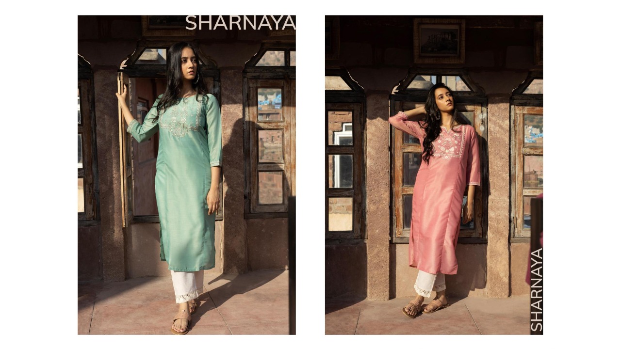 100 miles sharnaya blended decent embroidery look kurti catalog