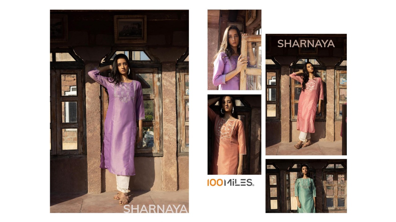 100 miles sharnaya blended decent embroidery look kurti catalog