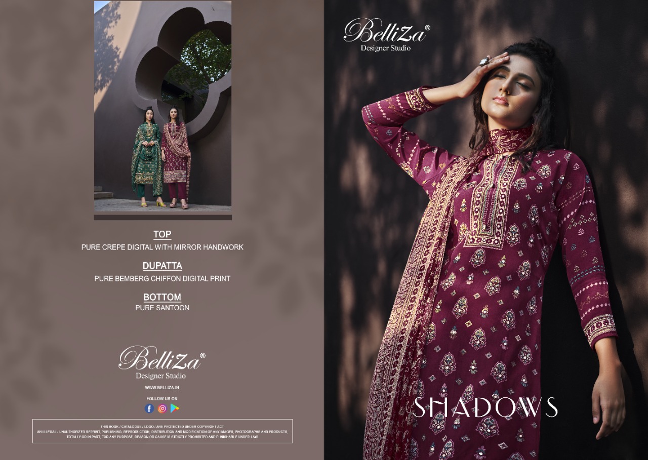 belliza designer studio shadows crape innovative look salwar suit catalog