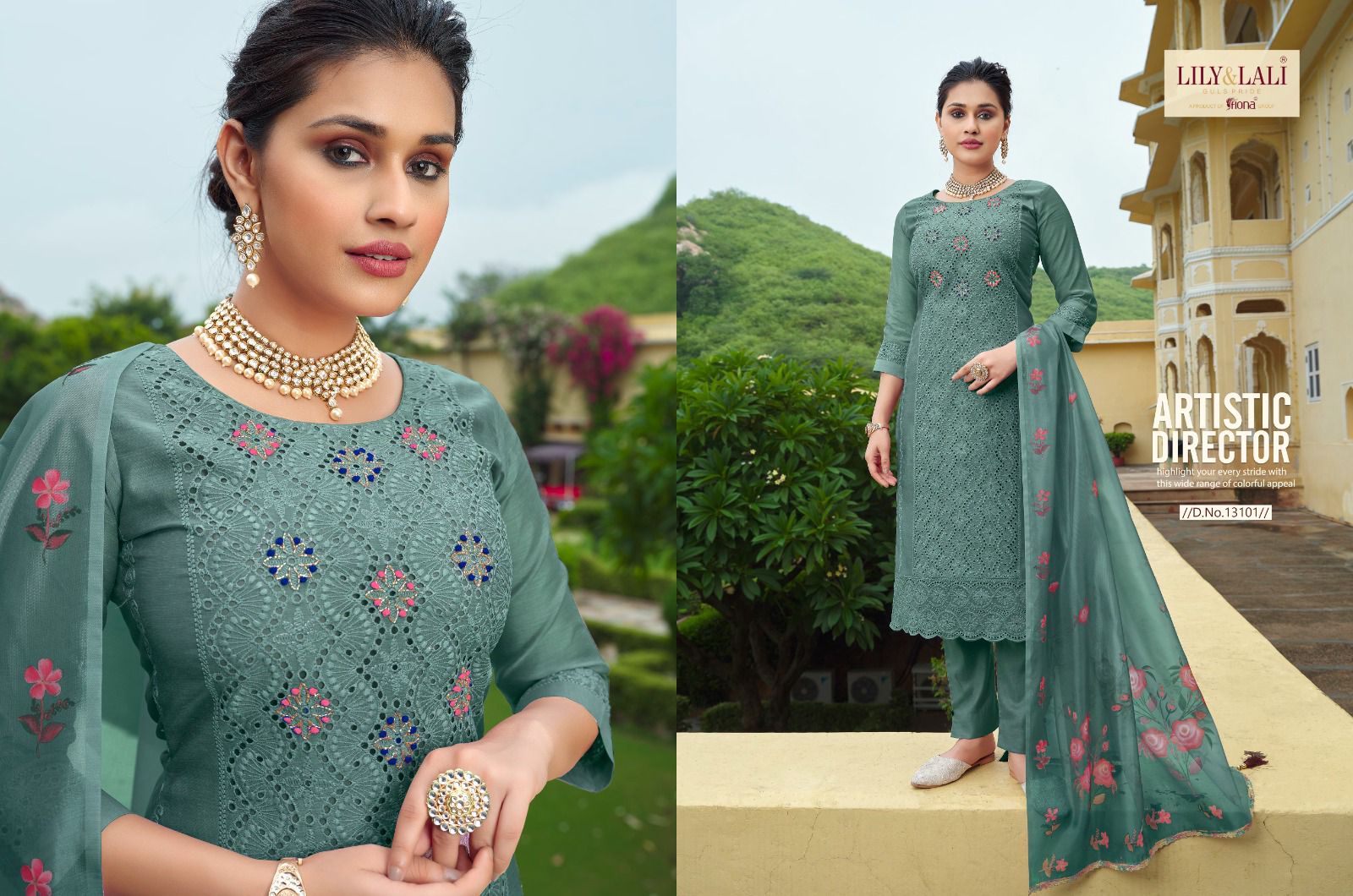 lily and lali chikankari chanderi silk festive look top bottom with dupatta catalog