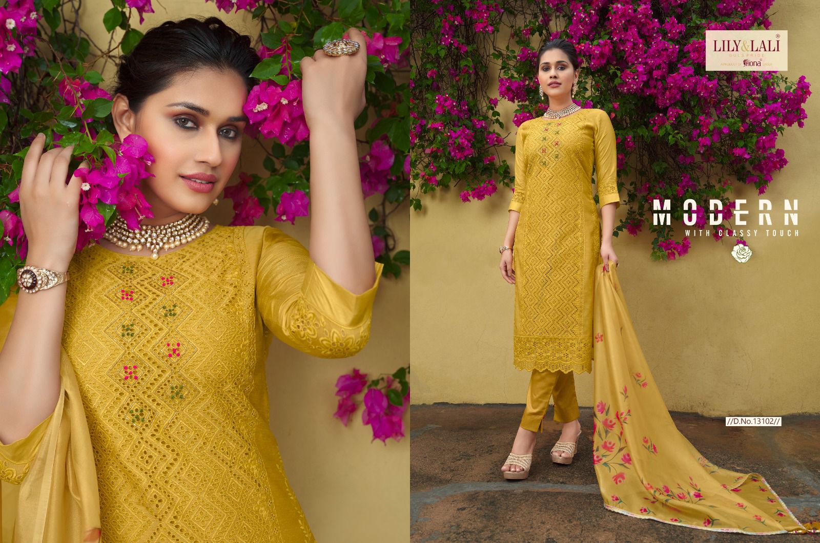 lily and lali chikankari chanderi silk festive look top bottom with dupatta catalog