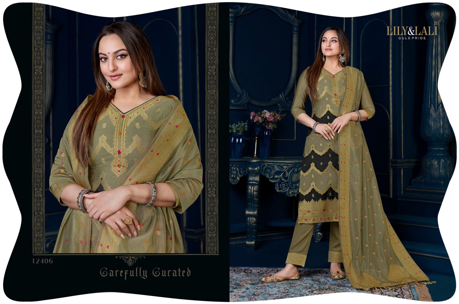 lily and lali silk kari 3 organza decent look top bottom with dupatta catalog