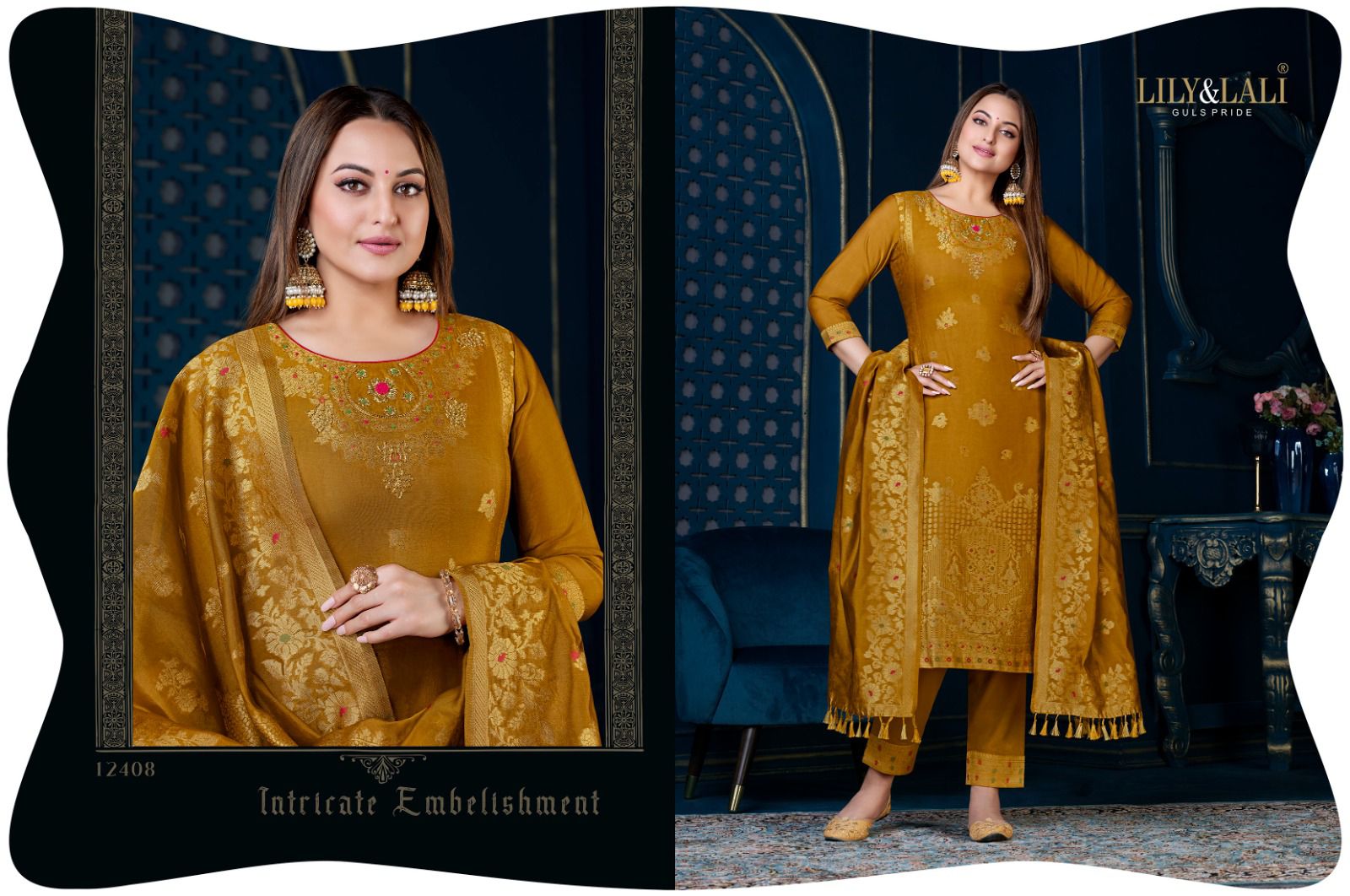 lily and lali silk kari 3 organza decent look top bottom with dupatta catalog