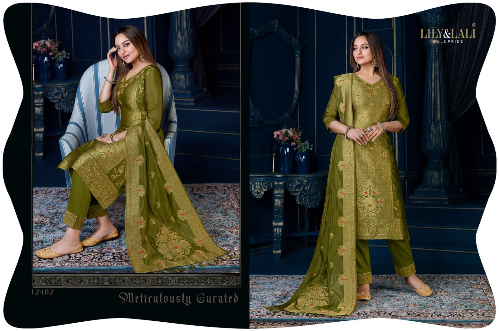 lily and lali silk kari 3 organza decent look top bottom with dupatta catalog