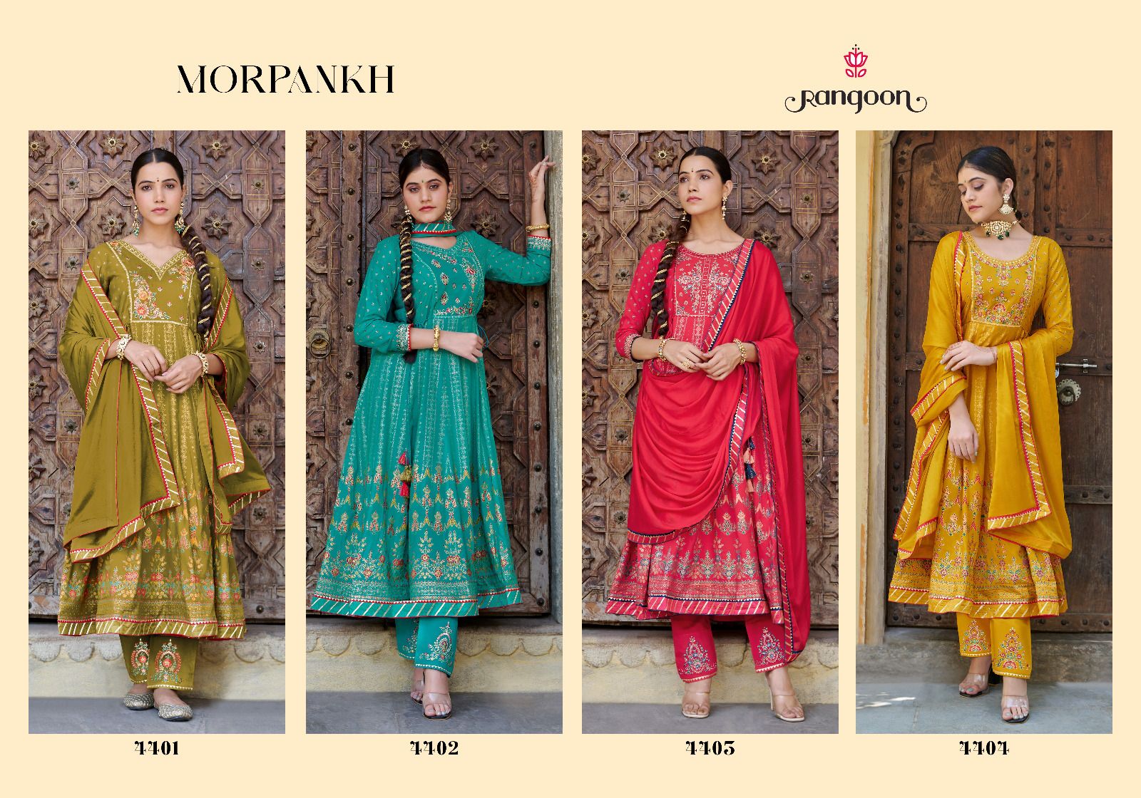 rangoon morpankh rayon exclusive print top bottom with dupatta catalog