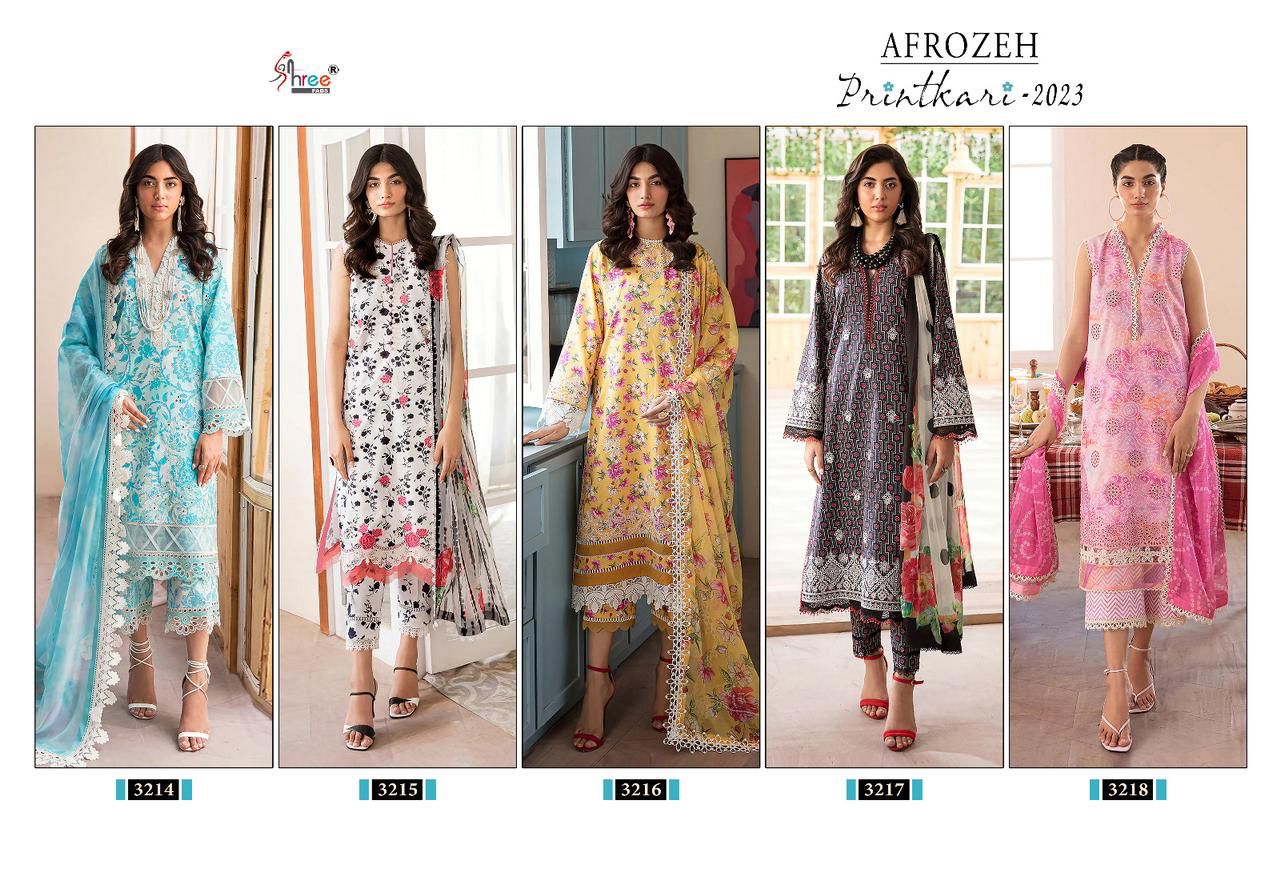 shree fabs afrozeh printkari 2023 lawn decent embroidery look salwar suit with cotton dupatta catalog