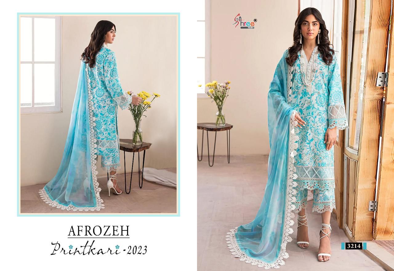 shree fabs afrozeh printkari 2023 lawn decent embroidery look salwar suit with cotton dupatta catalog