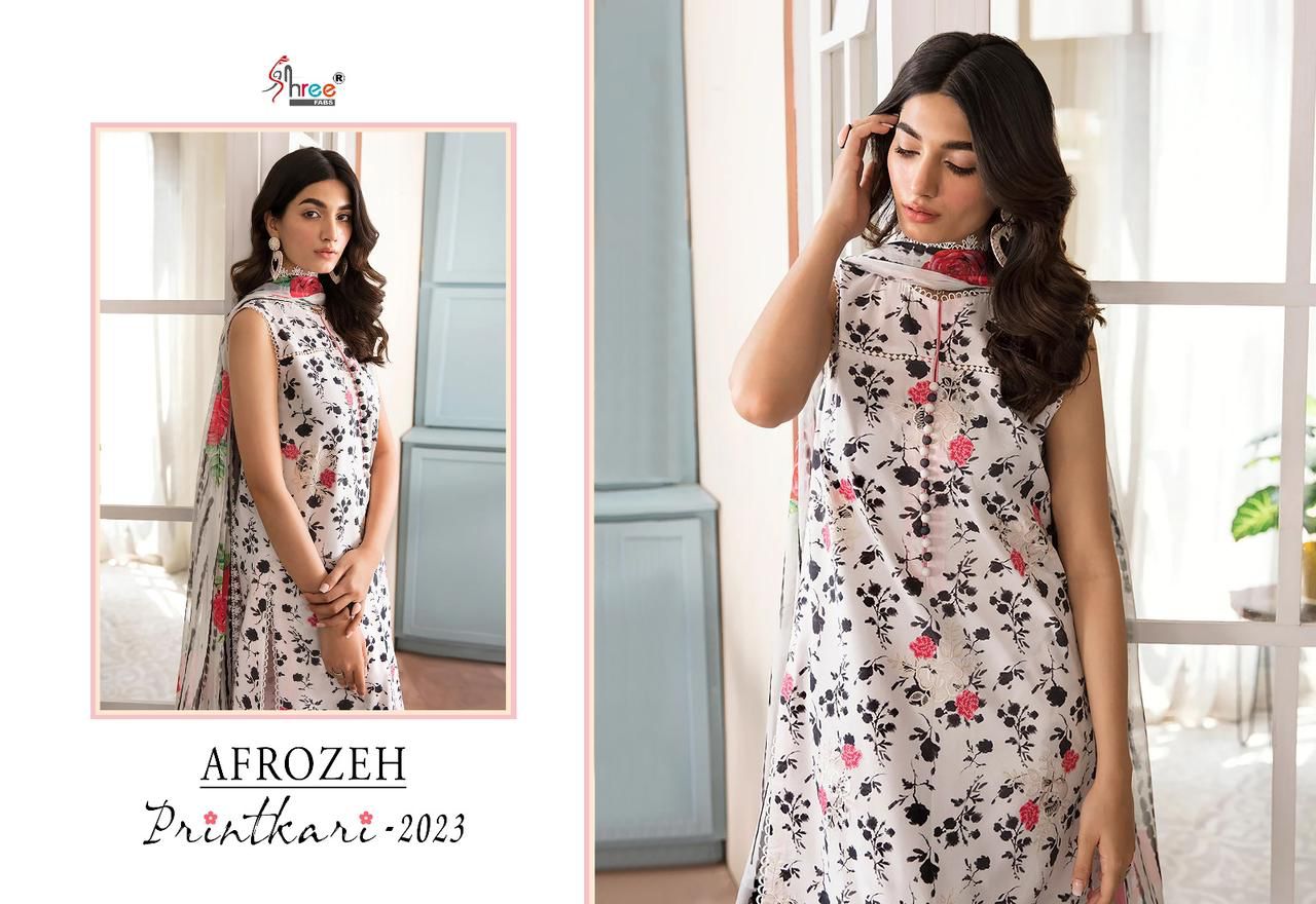 shree fabs afrozeh printkari 2023 lawn decent embroidery look salwar suit with cotton dupatta catalog