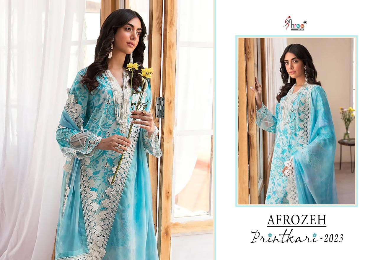 shree fabs afrozeh printkari 2023 lawn decent embroidery look salwar suit with cotton dupatta catalog