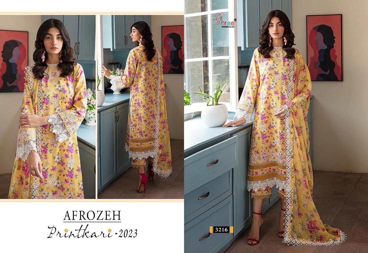 shree fabs afrozeh printkari 2023 lawn decent embroidery look salwar suit with cotton dupatta catalog