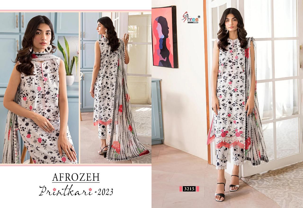 shree fabs afrozeh printkari 2023 lawn decent embroidery look salwar suit with cotton dupatta catalog