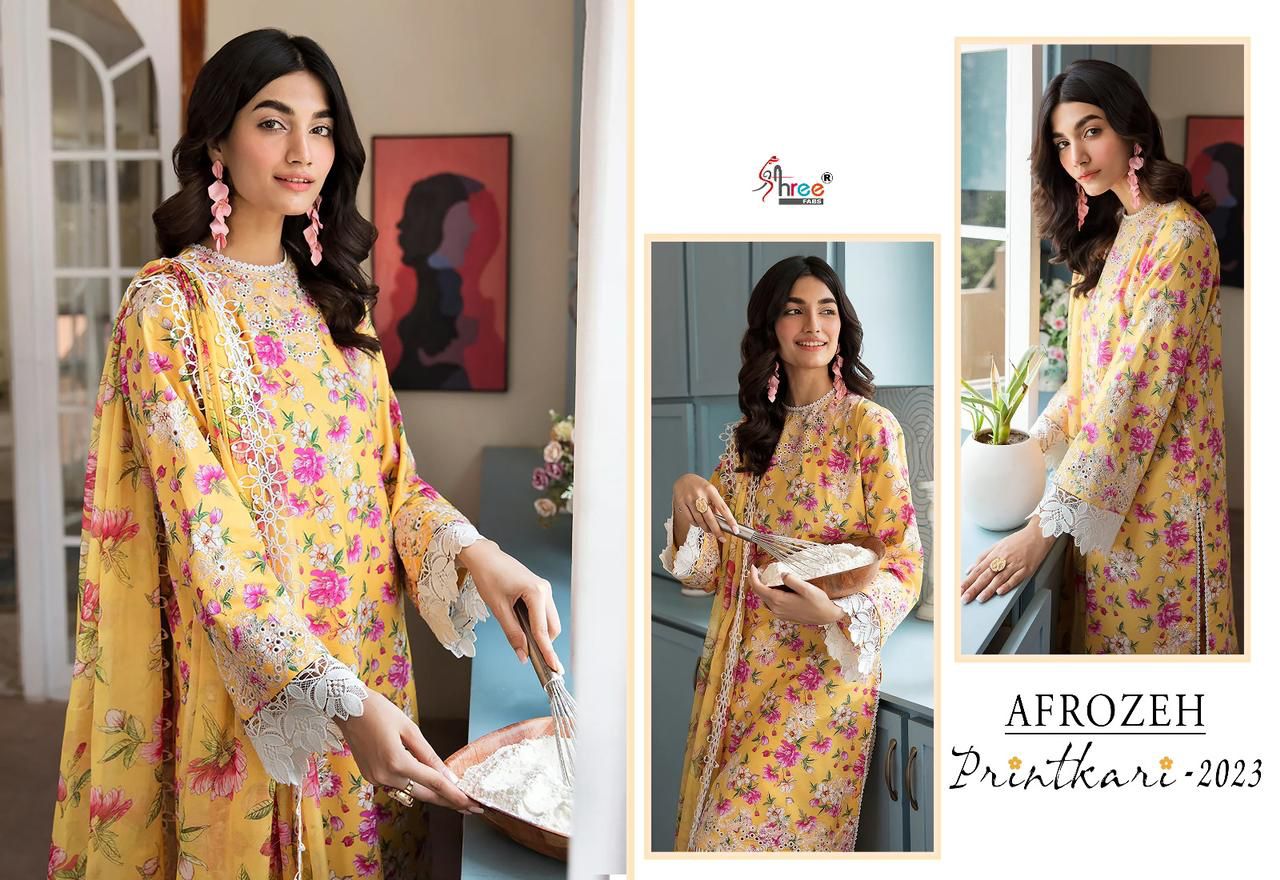 shree fabs afrozeh printkari 2023 lawn decent embroidery look salwar suit with cotton dupatta catalog