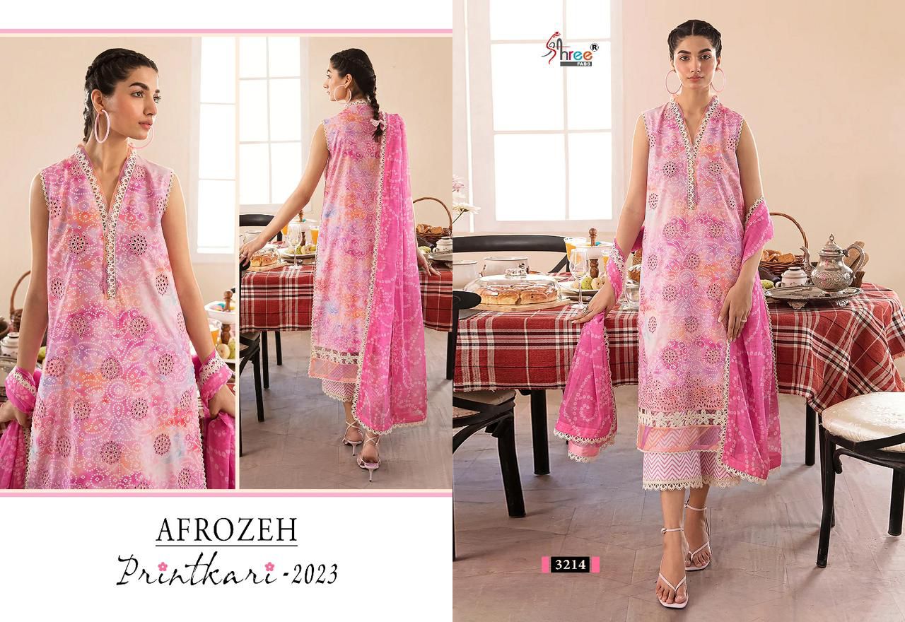 shree fabs afrozeh printkari 2023 lawn decent embroidery look salwar suit with cotton dupatta catalog