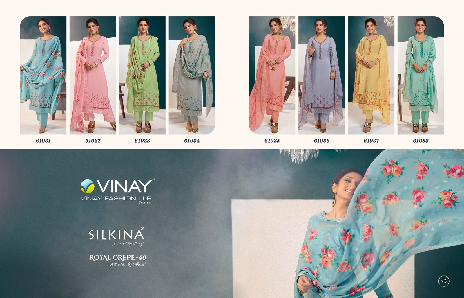 vinay fashion silkina royal crape 40 crape  exclusive look salwar suit  catalog