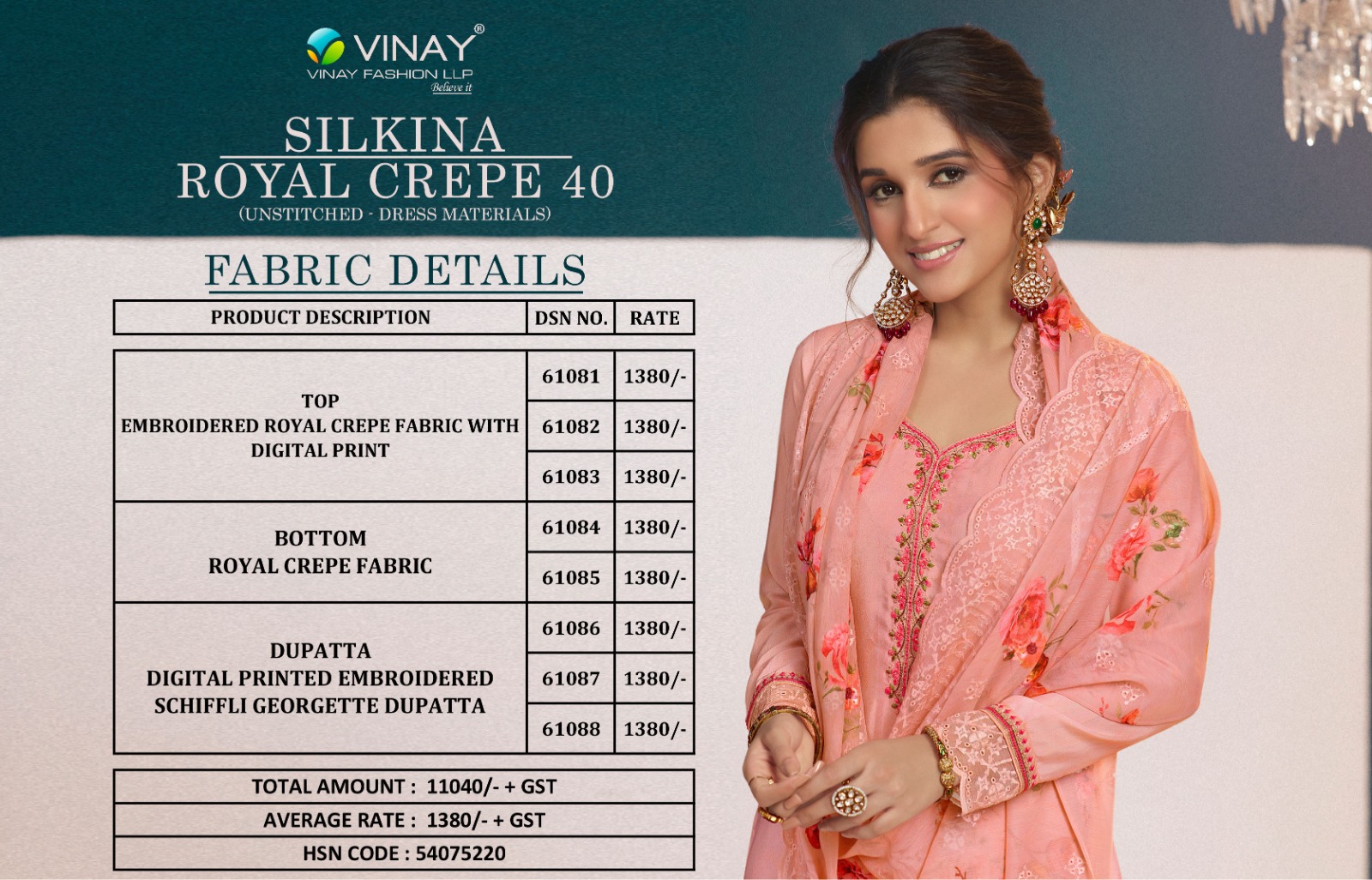 vinay fashion silkina royal crape 40 crape  exclusive look salwar suit  catalog