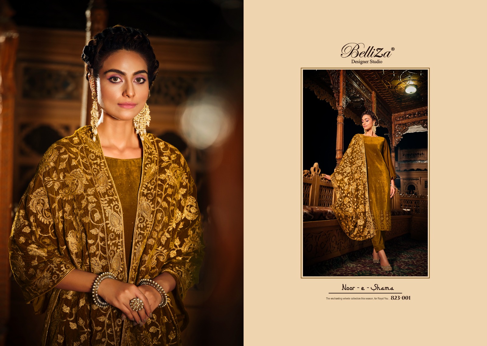 belliza designer studio noor e shama velvet regal look salwar suit catalog