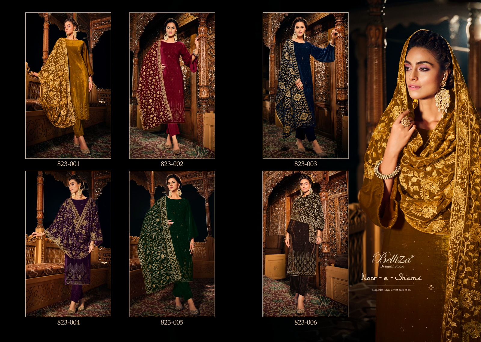 belliza designer studio noor e shama velvet regal look salwar suit catalog