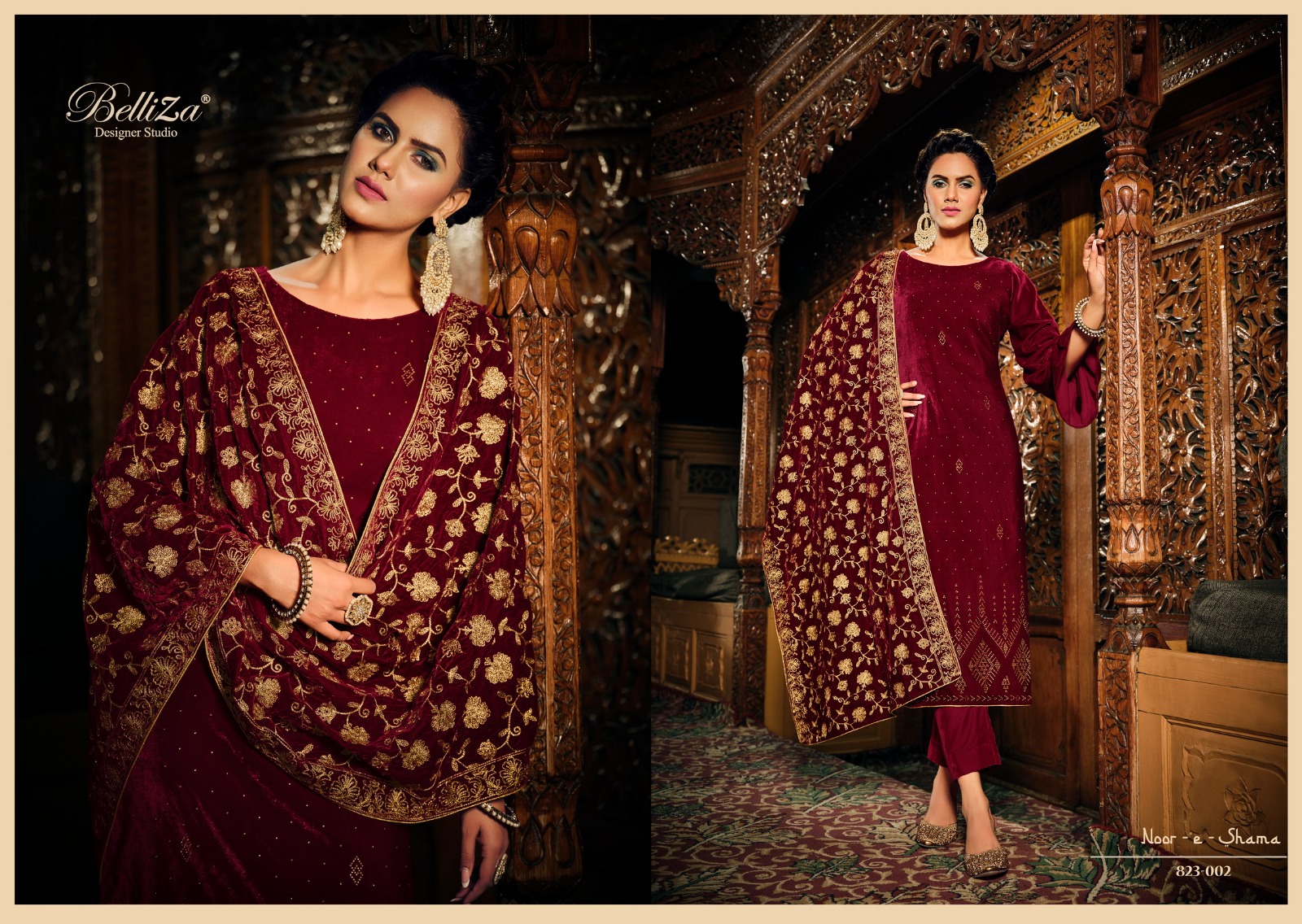 belliza designer studio noor e shama velvet regal look salwar suit catalog