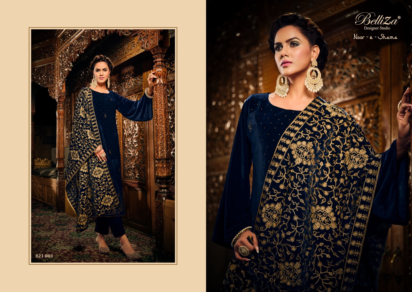 belliza designer studio noor e shama velvet regal look salwar suit catalog