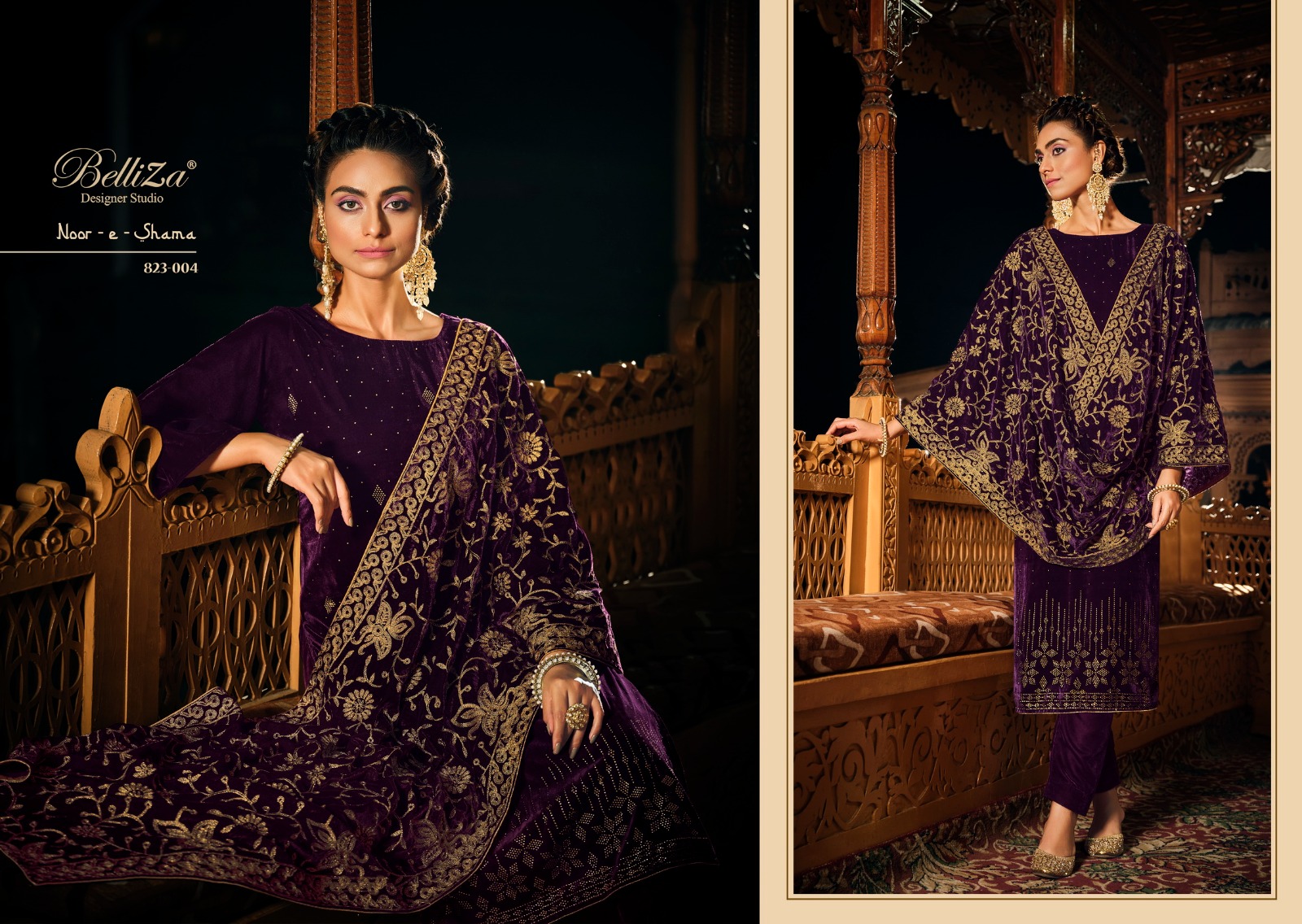 belliza designer studio noor e shama velvet regal look salwar suit catalog