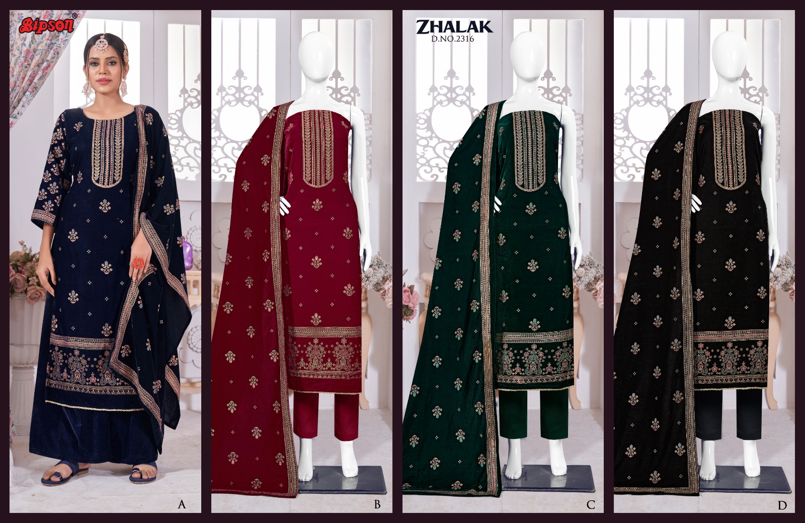 bipson zhalak 2316 viscose velvet elegant salwar suit catalog