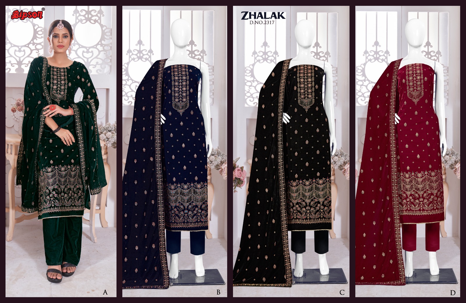 bipson zhalak 2317 viscose velvet new and modern look salwar suit catalog