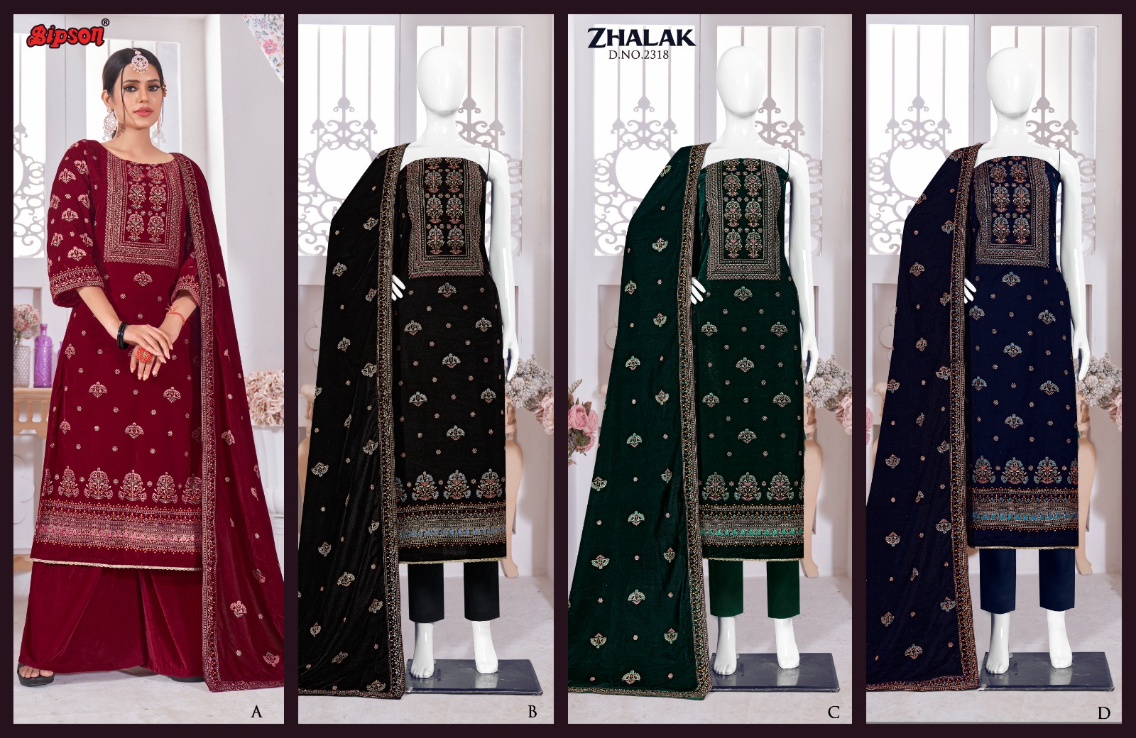 bipson zhalak 2318 viscose velvet festive look salwar suit catalog