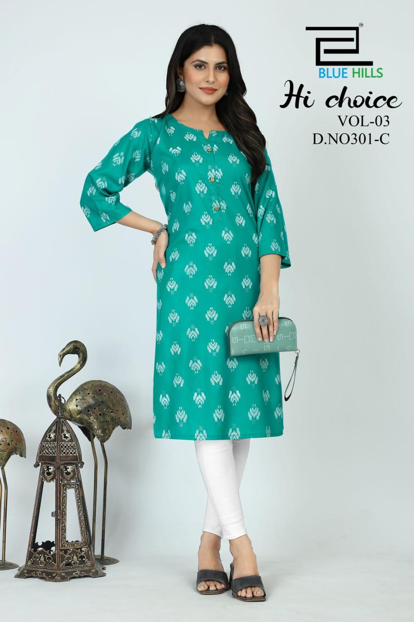 blue hills hichoice vol 3 rayon elegant kurti catalog