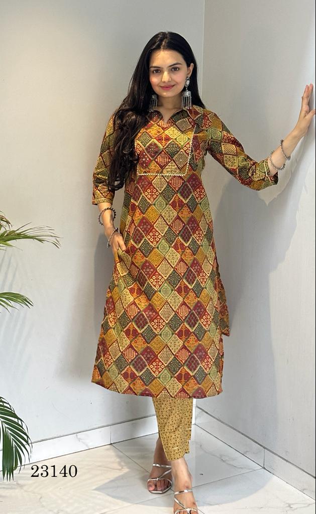 indira d no 23140  cotton regal look kurti bottom size set