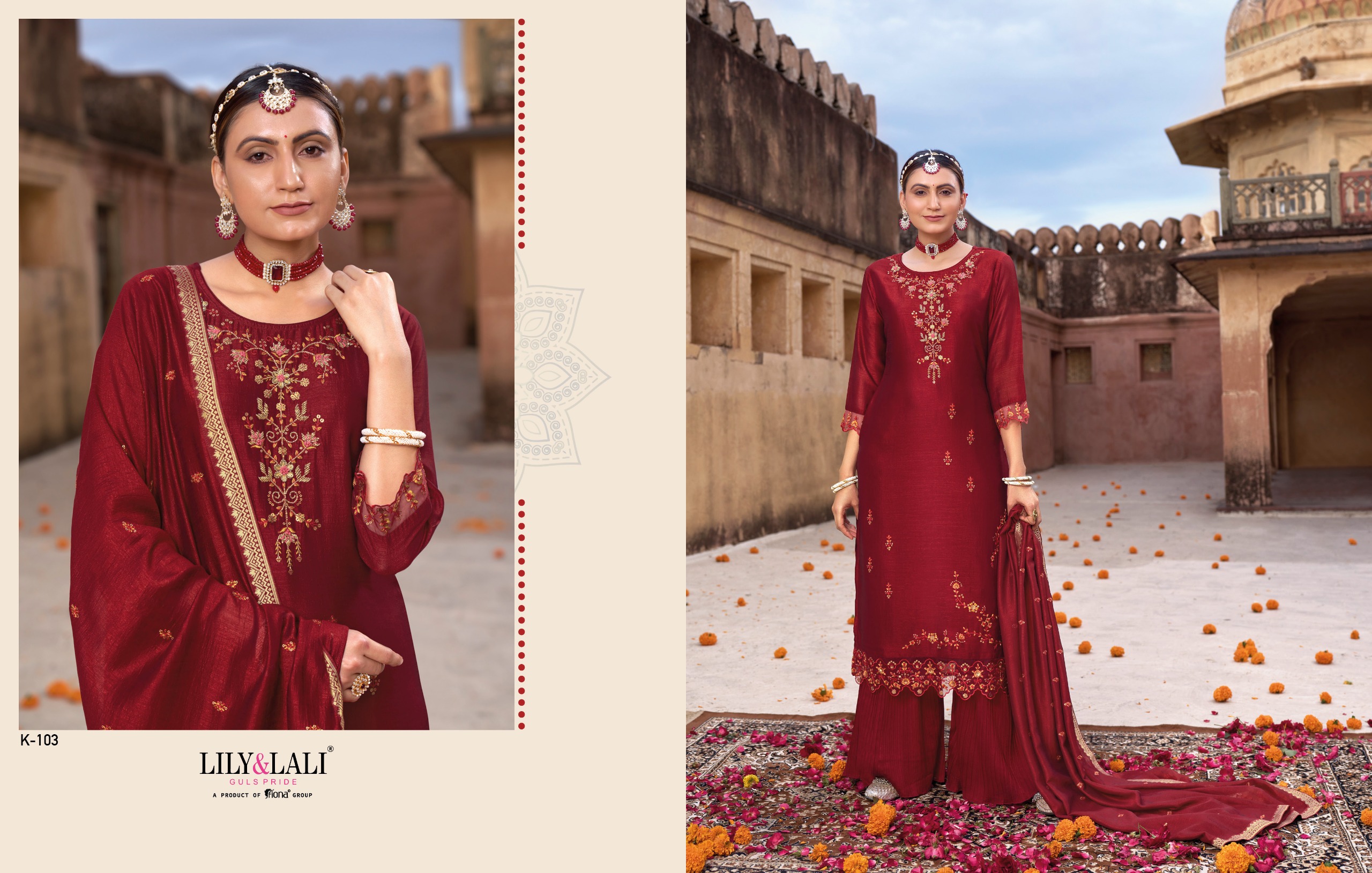 lily and lali karwa exclusive fancy festive look top bottom with dupatta catalog