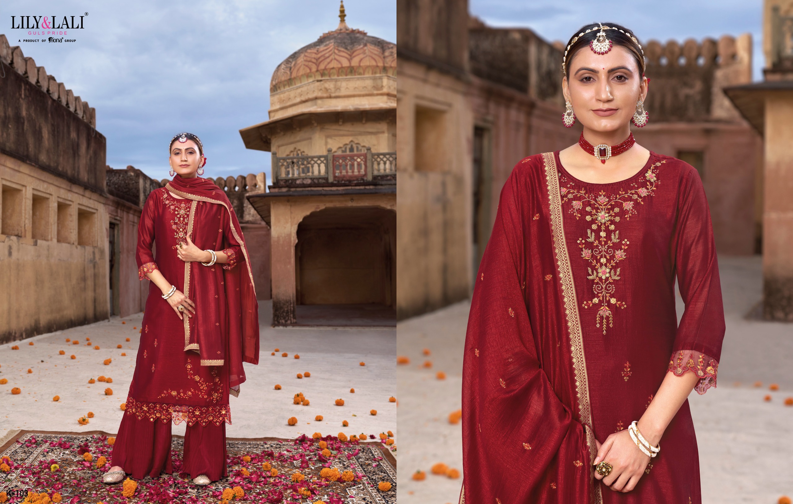 lily and lali karwa exclusive fancy festive look top bottom with dupatta catalog