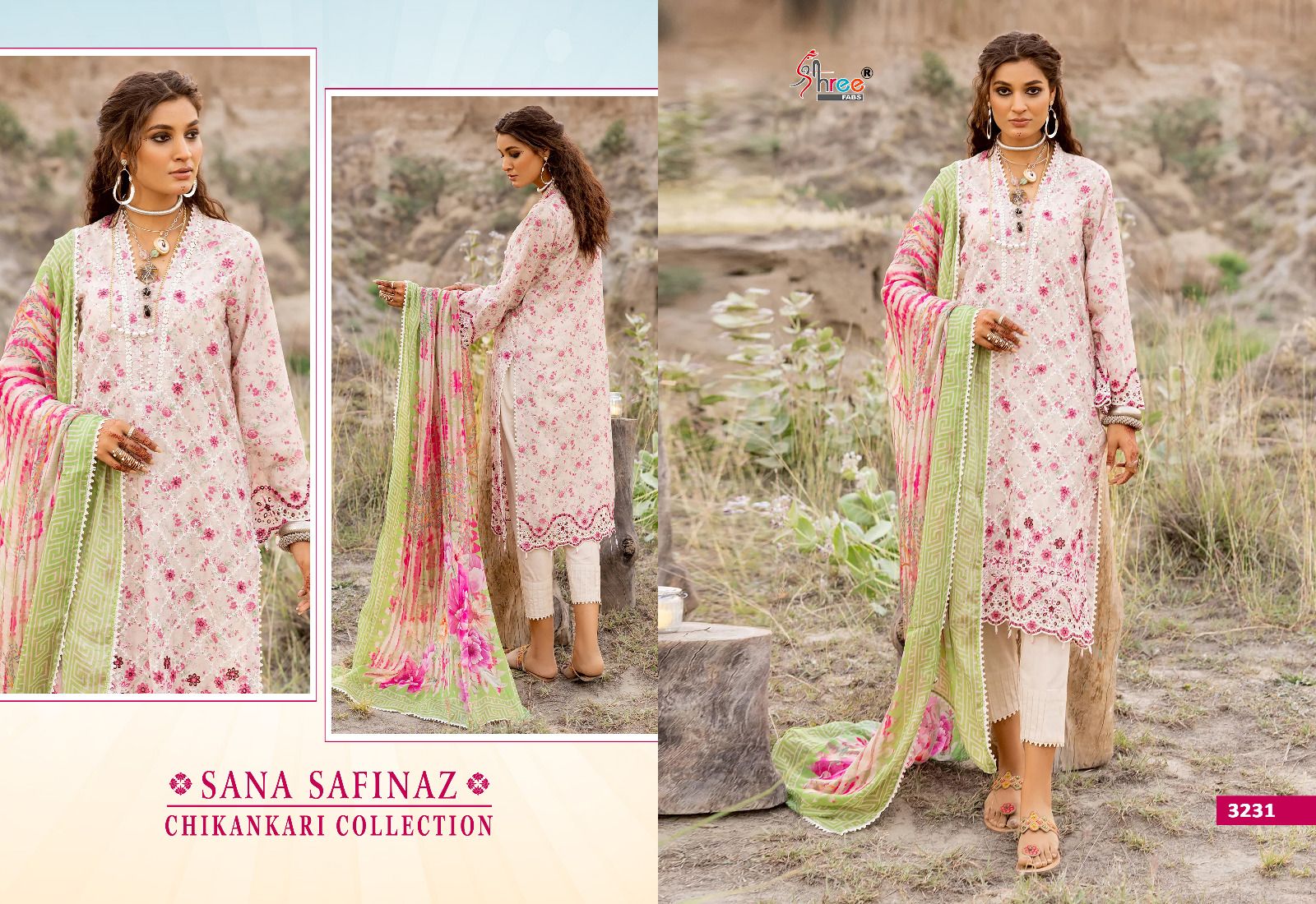 shree fabs sana safinaz chikankari collection lawn decent embroidery look salwar suit siffon dupatta catalog