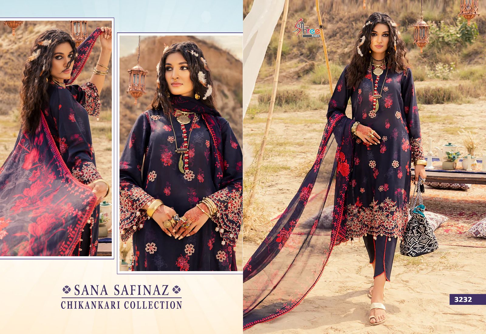 shree fabs sana safinaz chikankari collection lawn decent embroidery look salwar suit siffon dupatta catalog