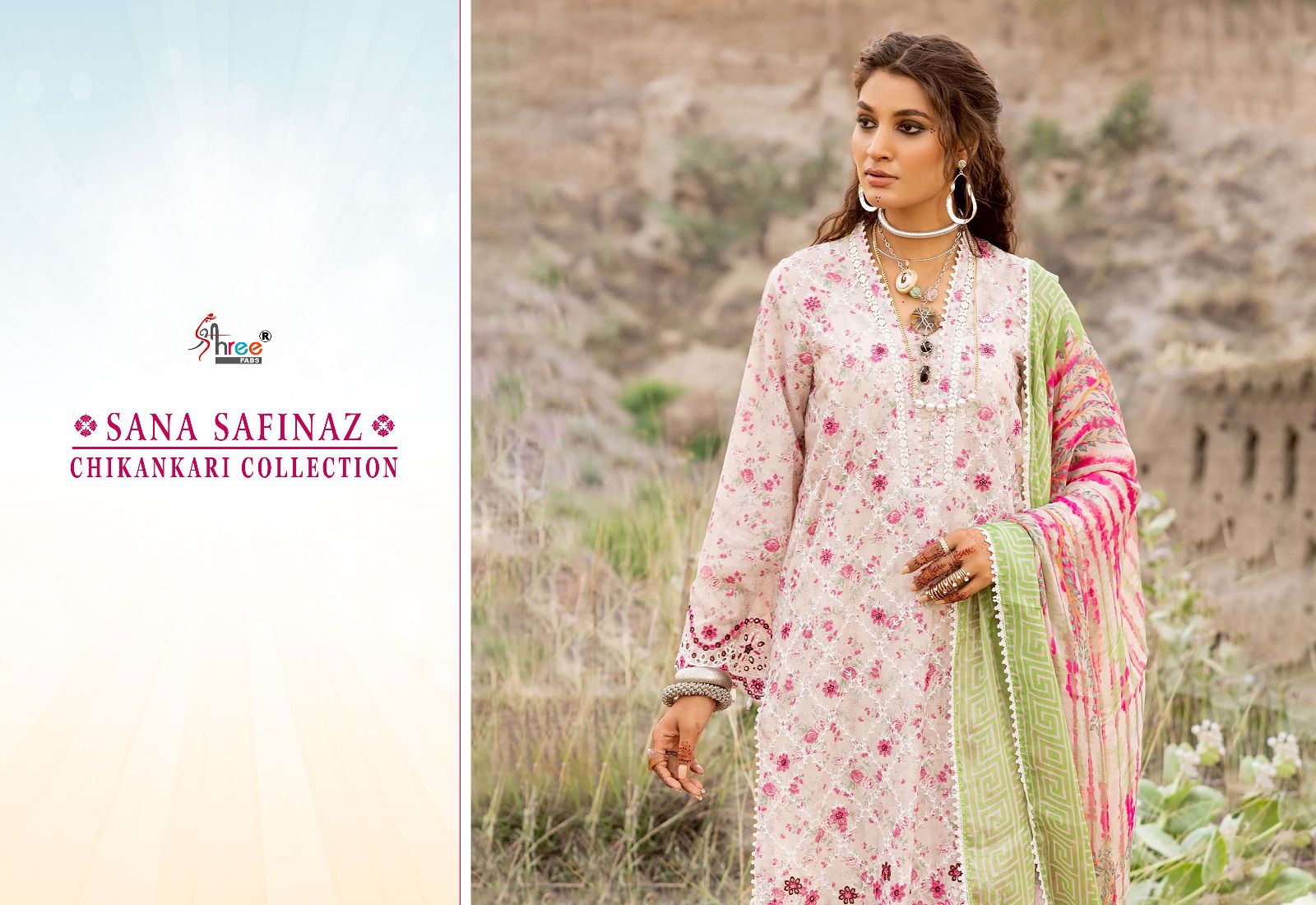 shree fabs sana safinaz chikankari collection lawn decent embroidery look salwar suit siffon dupatta catalog