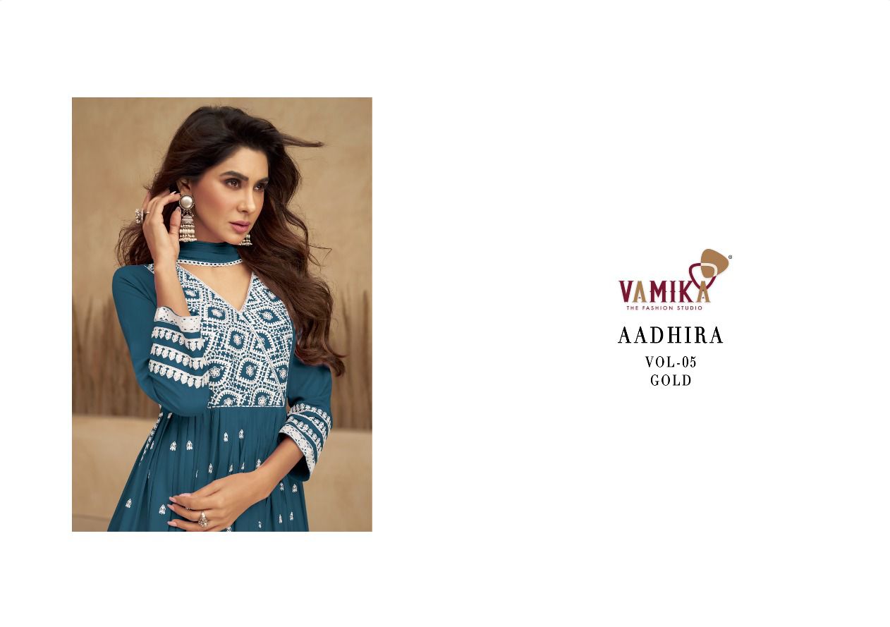 vamika Aadhira Vol 5 Gold D No1107F To 1107J rayon viscose attrective look kurti pant with dupatta catalog