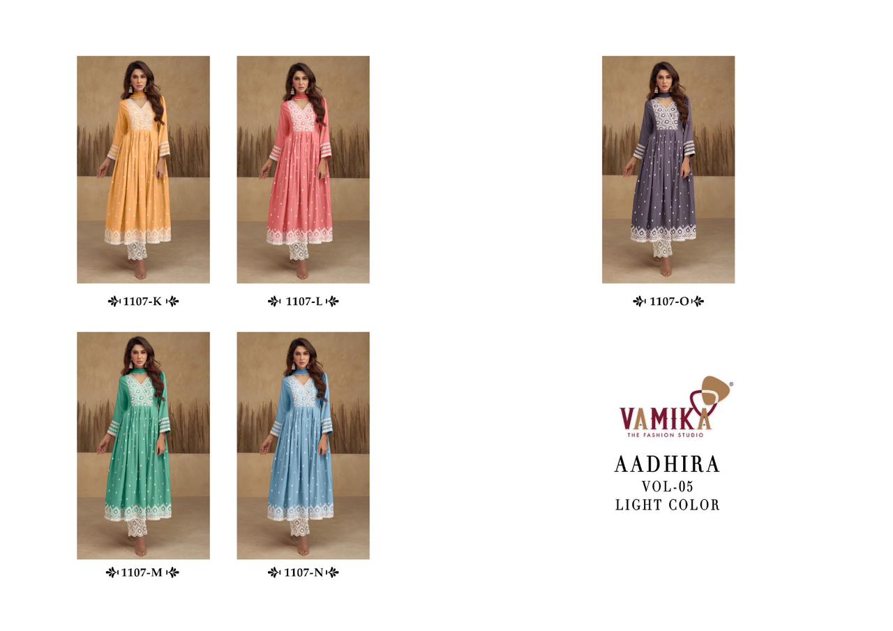 vamika Aadhira Vol 5 light colour D No1107k To 1107O rayon viscose attrective look kurti pant with dupatta catalog