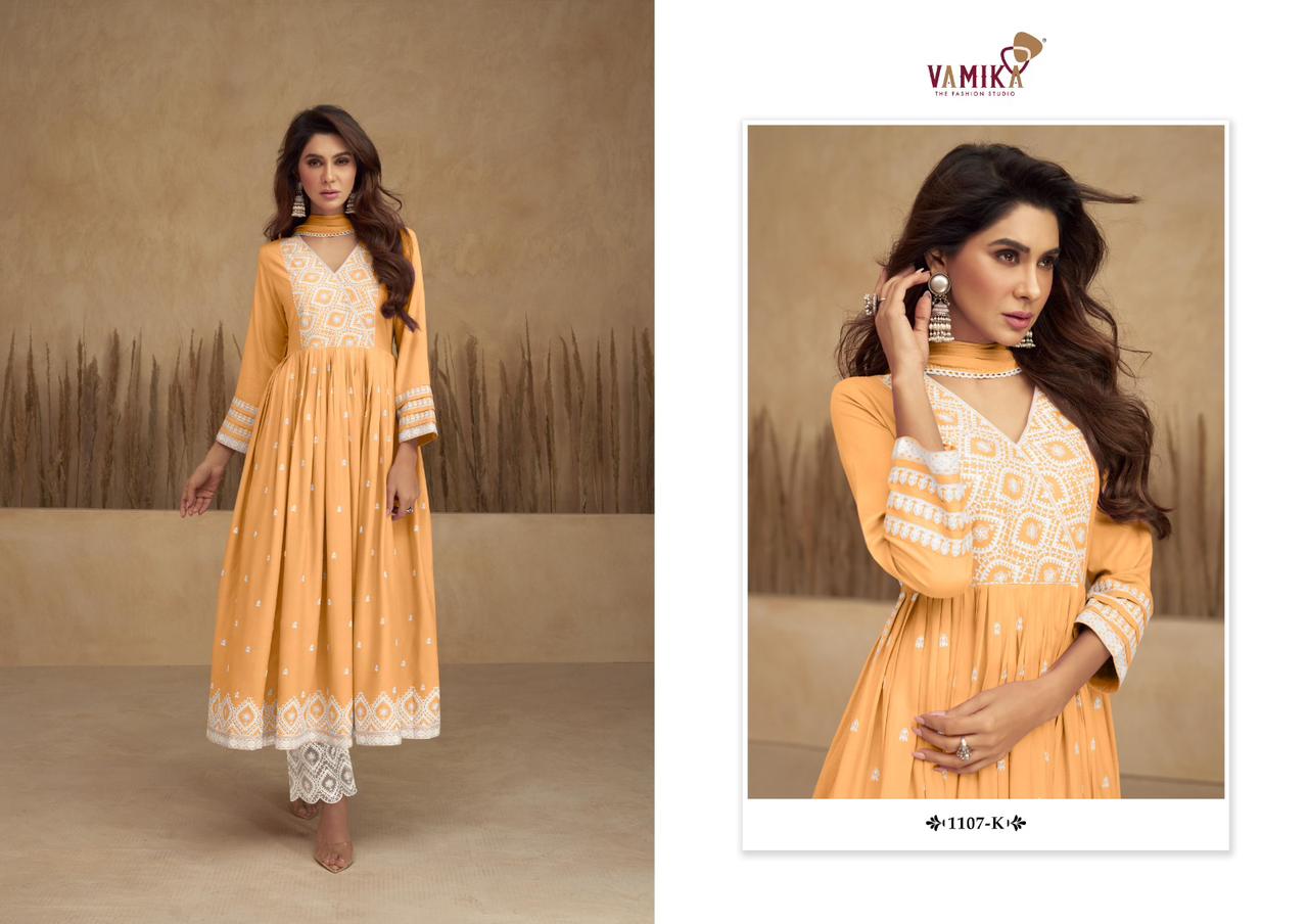 vamika Aadhira Vol 5 light colour D No1107k To 1107O rayon viscose attrective look kurti pant with dupatta catalog