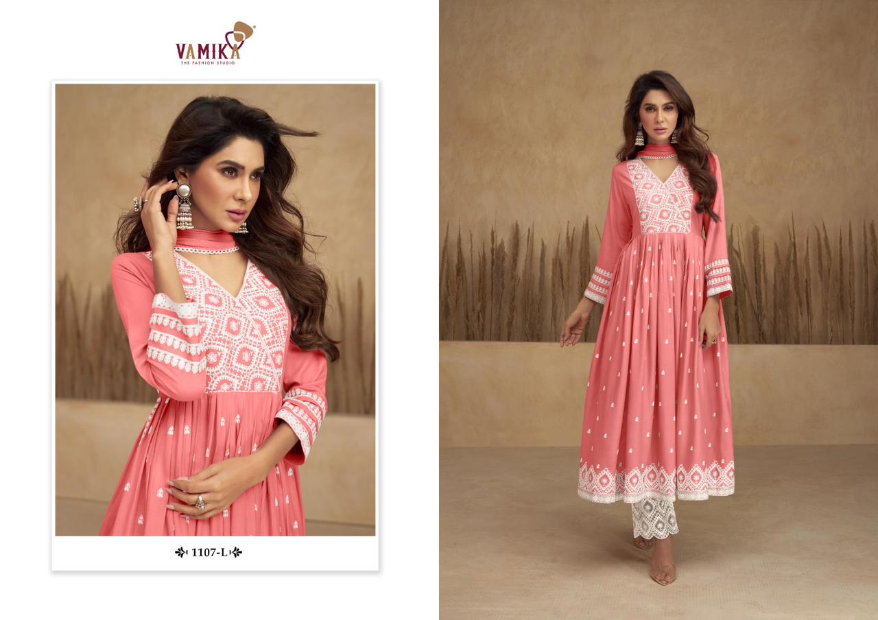 vamika Aadhira Vol 5 light colour D No1107k To 1107O rayon viscose attrective look kurti pant with dupatta catalog