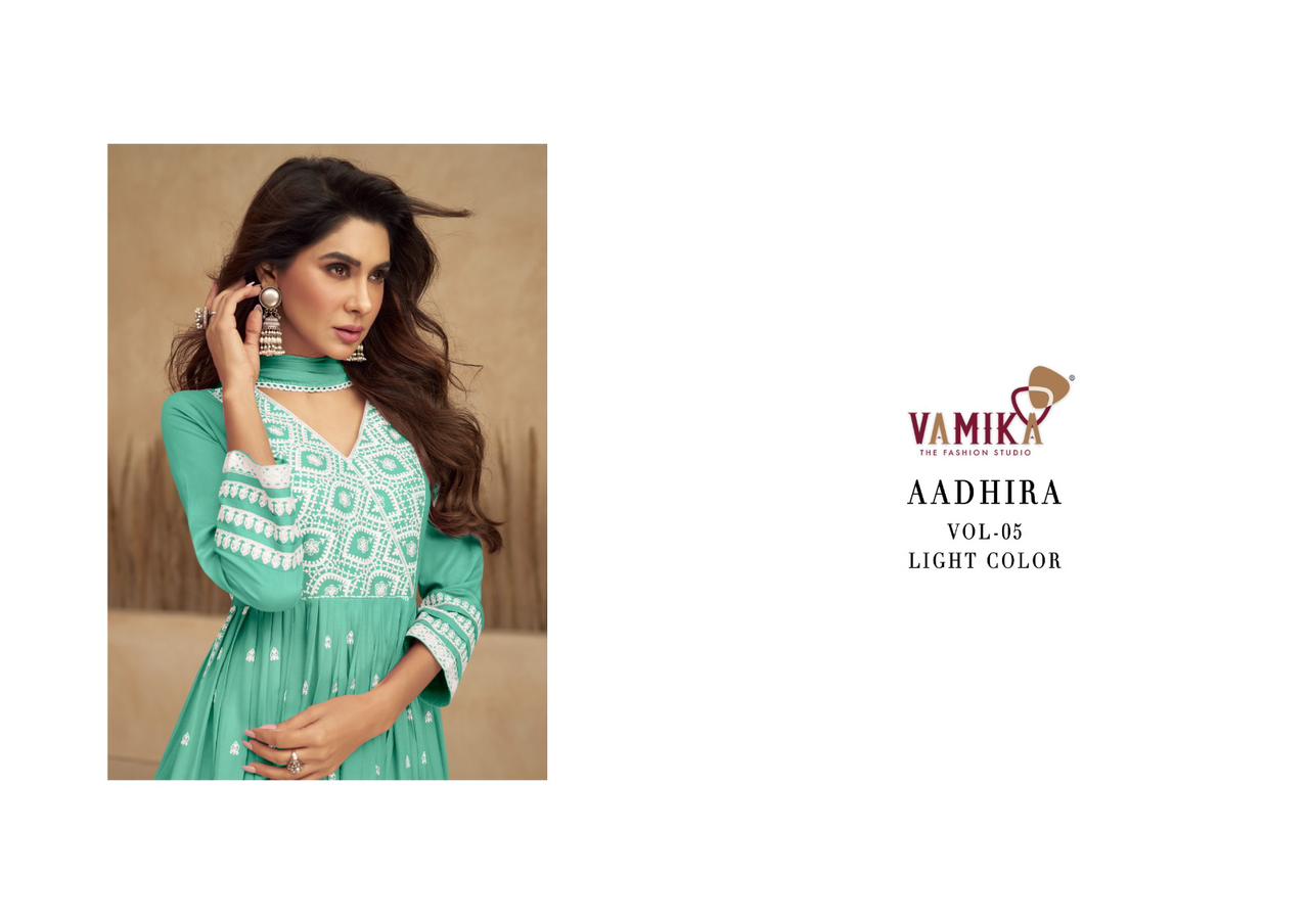 vamika Aadhira Vol 5 light colour D No1107k To 1107O rayon viscose attrective look kurti pant with dupatta catalog