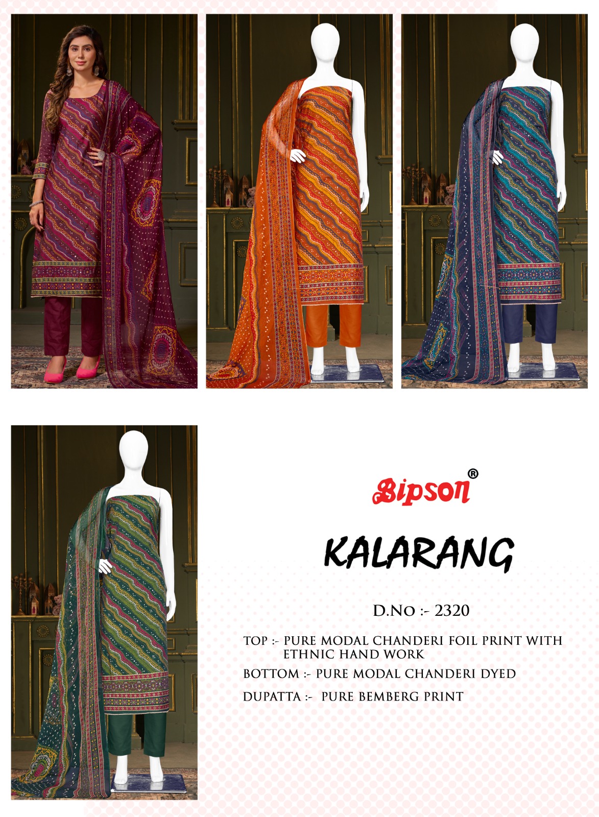 bipson kalarang 2320 chanderi foil print elegant print salwar suit catalog