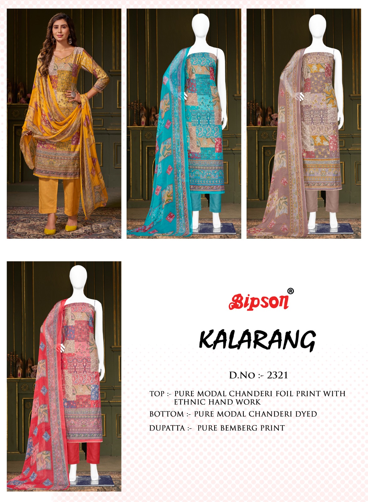 bipson kalarang 2321chanderi foil print innvative print salwar suit catalog