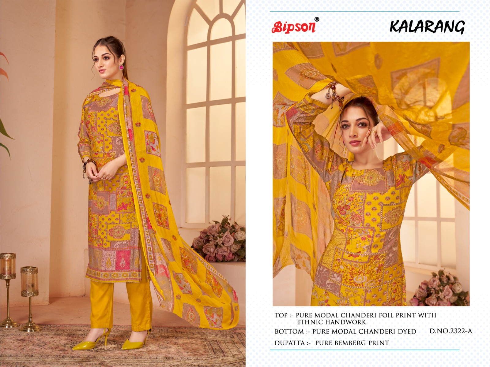 bipson kalarang 2322 chanderi foil print exclusive print salwar suit catalog