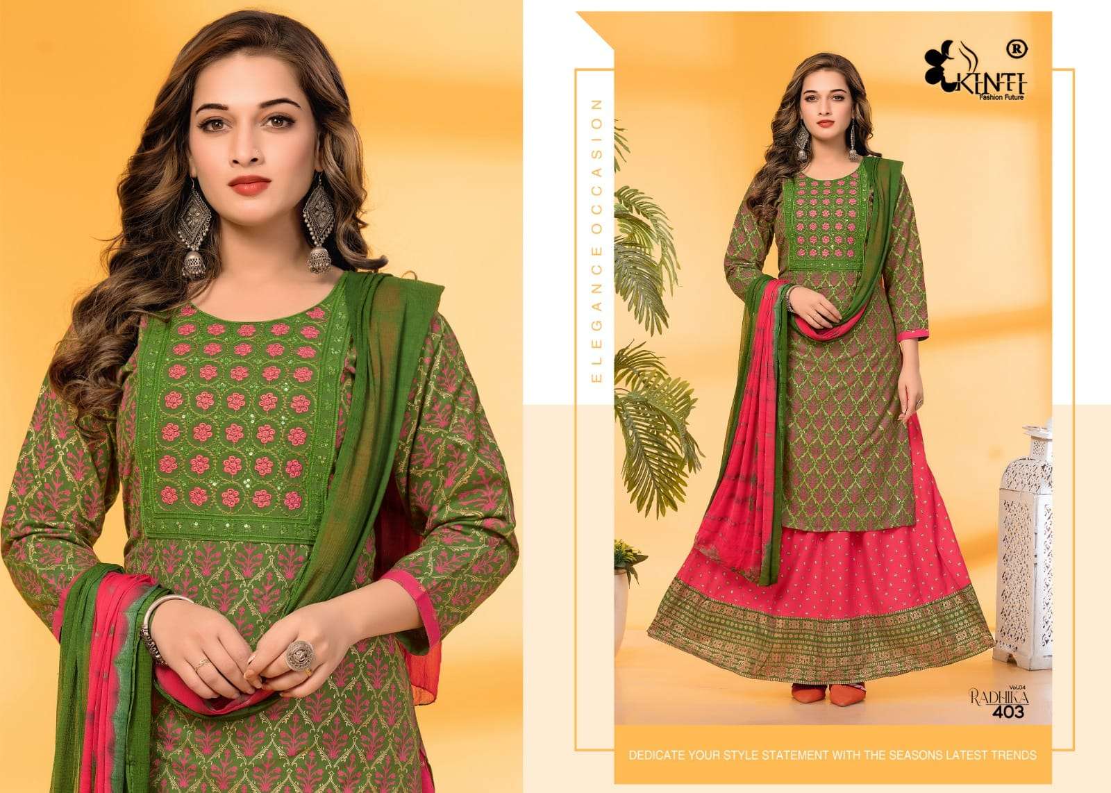 kinti radhika 4 rayon decent look top skirt with dupatta catalog