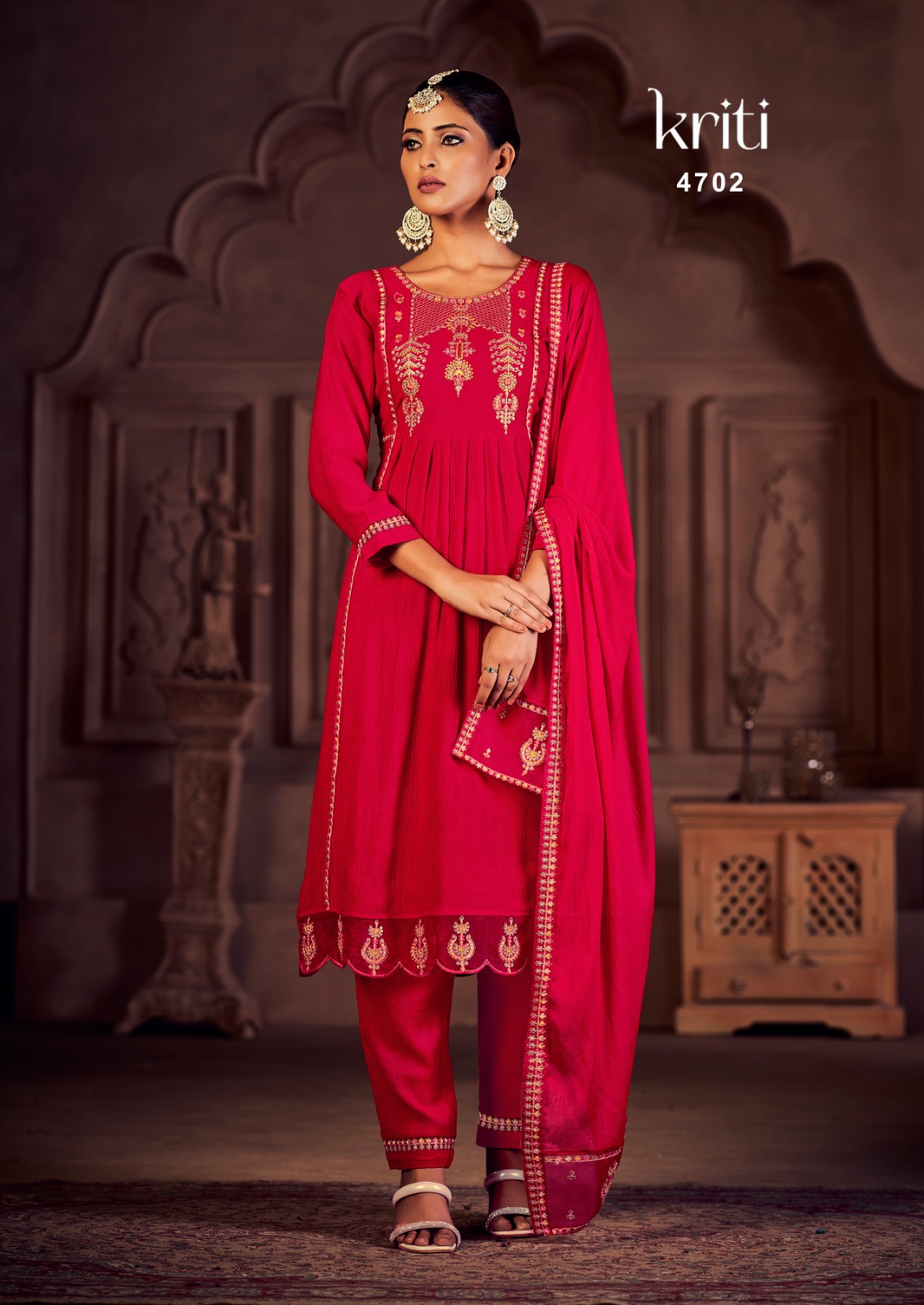 rangoon kriti viscose decent embroidery look top bottom with dupatta catalog