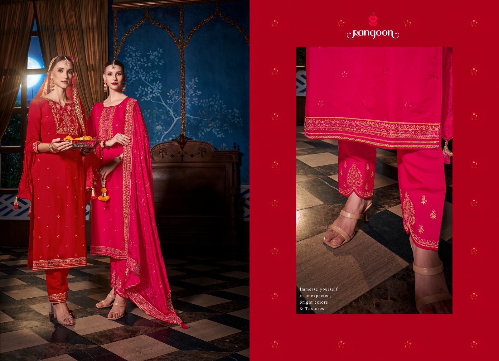 rangoon pavitra silk innovative look embroidery look top bottom with dupatta catalog