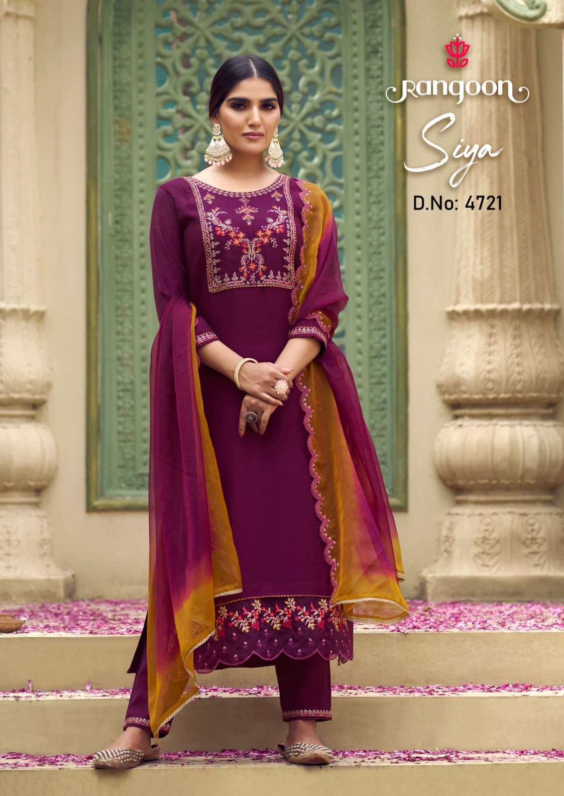 rangoon siya silk viscose exclusive embroidery look top bottom with dupatta catalog