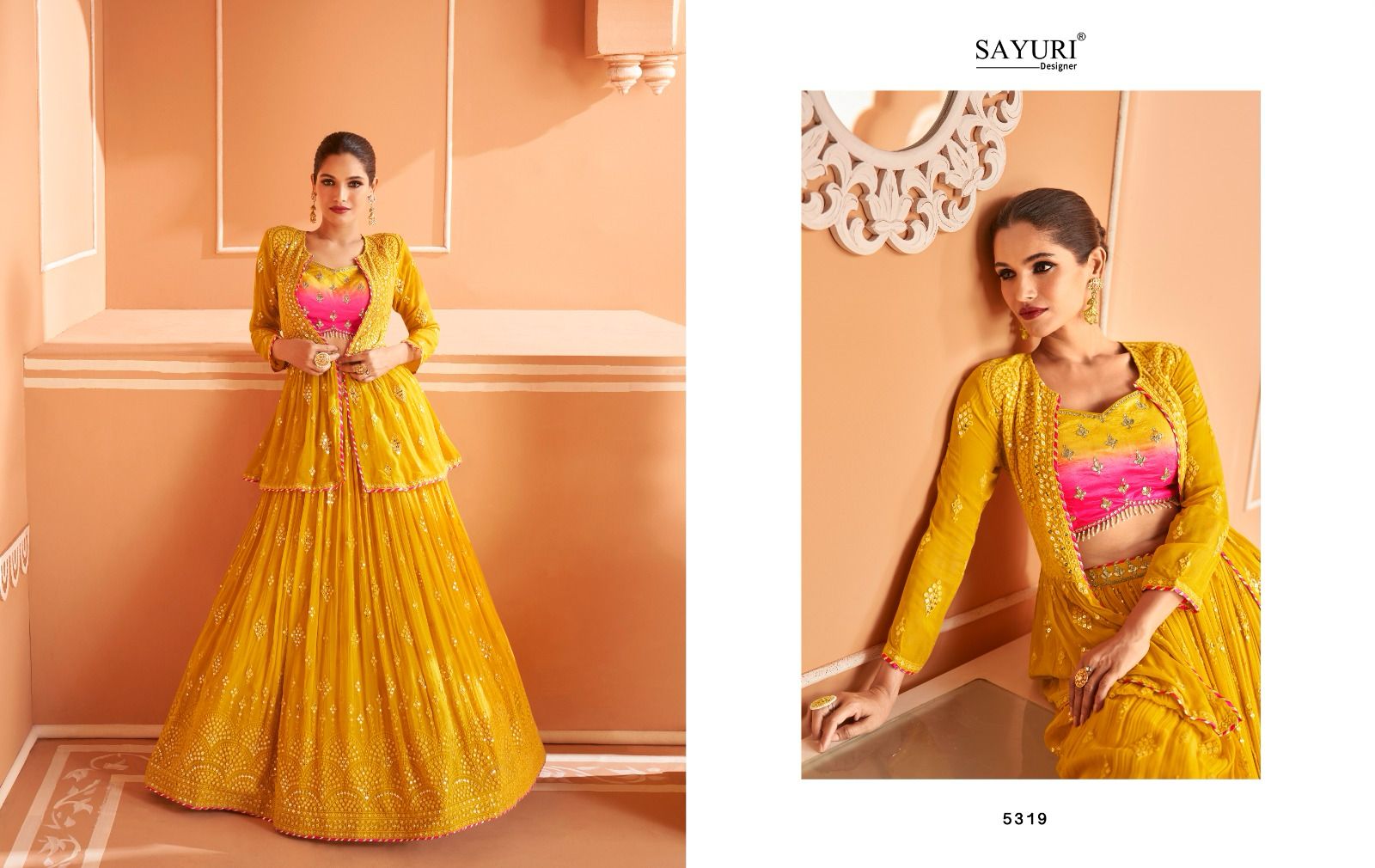 sayuri designer kalishta Velvet Chinon Georgette innovative look lehngha catalog